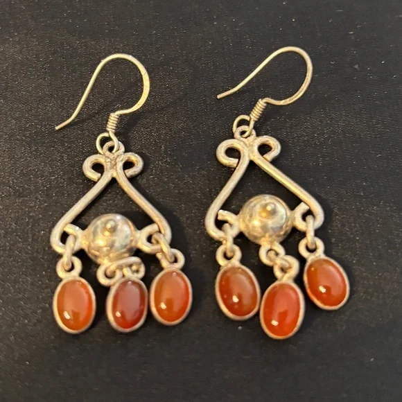 Sterling Silver Carnelian Chandelier Dangle Earrings Vintage Style - Picture 2 of 4